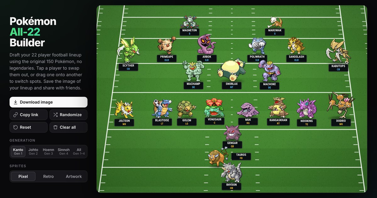 Original All22Pokemon builder with Pokémon lined up on offense and defense